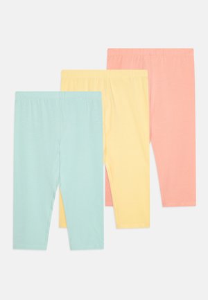 Τρία ζευγάρια κολάν σε παστέλ αποχρώσεις: μέντα, κίτρινο και κοραλλί. Φτιαγμένα από μαλακό ύφασμα με ελαστική μέση, σε μήκος έως το γόνατο.