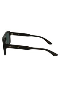 Lunettes de soleil Calvin Klein avec des montures transparentes brun foncé, des verres verts et des accents argentés sur les branches. Design rectangulaire classique.
