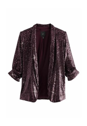 Blazer à sequins violet foncé, manches retroussées, ouverture devant et texture brillante, présenté sur un fond blanc uni.