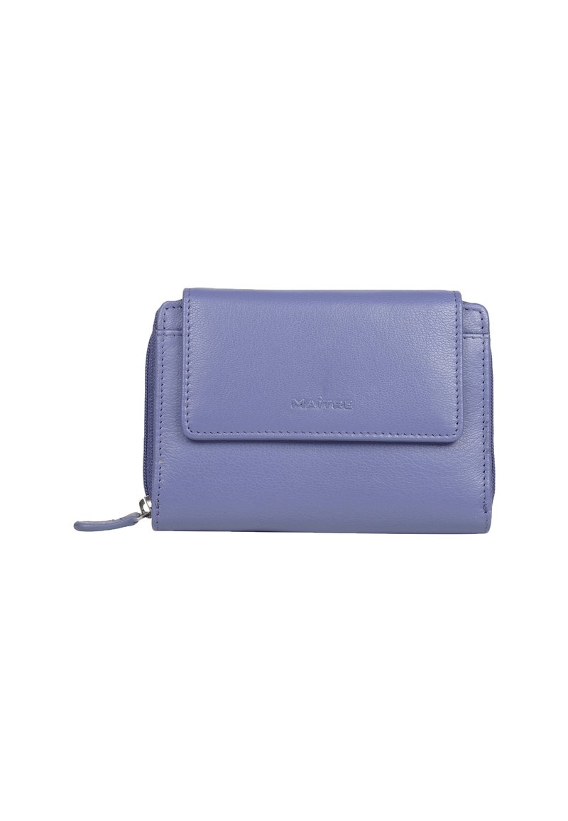 Purple leather wallet with a front flap, zipper closure, and embossed logo. Features smooth texture and compact rectangular shape.