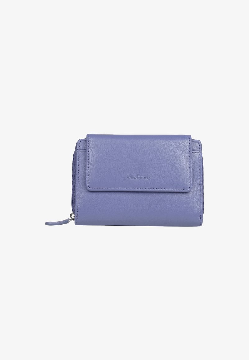 Purple leather wallet with a front flap, zipper closure, and embossed logo. Features smooth texture and compact rectangular shape.