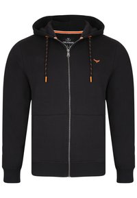 Sort zip-up hoodie med en snoretrækshætte, kontrasterende orange detaljer, en frontlomme og ribbede cuffs og kant. Blød stofstruktur.