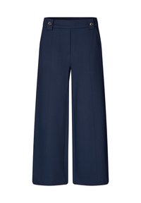 Marine brede broek gemaakt van gladde stof. Voorzien van een hoge taille met twee decoratieve knopen aan de voorkant. Gemaakt met schone lijnen.