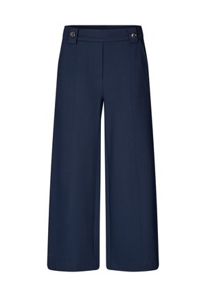 Pantaloni a gamba larga di colore blu realizzati in tessuto liscio. Presentano una vita alta con due bottoni decorativi sul davanti. Sartoriali con linee pulite.