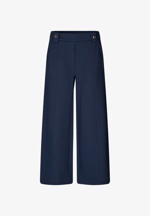 Pantalons larges navy en tissu lisse. Dotés d'une taille haute avec deux boutons décoratifs à l'avant. Confectionnés avec des lignes épurées.