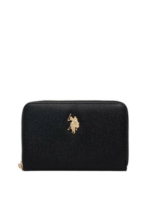 Portafoglio nero testurizzato con zip che gira intorno e emblema dorato con giocatore di polo al centro sul fronte.