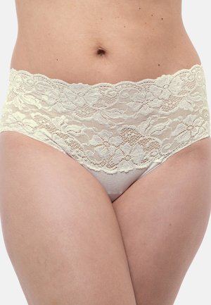 Cremfarbene Spitzen-Hipster-Unterwäsche mit floralen Mustern und einem glatten, dehnbaren Grundmaterial. Der Bund ist mit gewellten Spitzenkanten verziert.