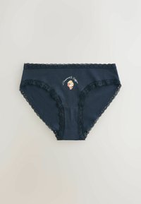 Granatowa damska bielizna z koronkową lamówką, ozdobiona niewielkim wzorem rogalika i filiżanki kawy oraz napisem "Croissant & Coffee" na środku przodu.