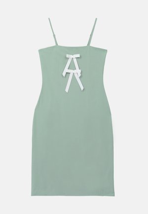 Mint green, sleeveless dress with adjustable straps, featuring a back design of two white ribbon bows and a fitted silhouette. Smooth texture.