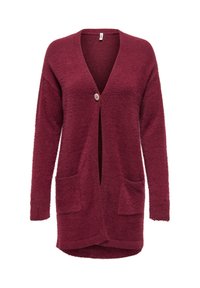 Bordeauxfarvet cardigan lavet af blødt, struktureret stof, med lange ærmer, to forlommer og en enkelt dekorativ knaplukning.