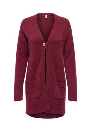 Bordeauxrode cardigan gemaakt van zachte, gestructureerde stof, met lange mouwen, twee voorzakken en een enkele decoratieve knoopsluiting.