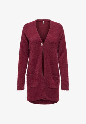 Bordový kardigán z mäkkej, textúrovanej látky, s dlhými rukávmi, dvoma prednými vreckami a jedným dekoratívnym gombíkom na zapínanie.