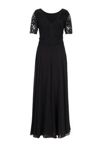 Zwarte avondjurk met een kant bodice, korte mouwen en een vloeiende rok. V-halslijn en een discreet rits aan de achterkant voor sluiting.