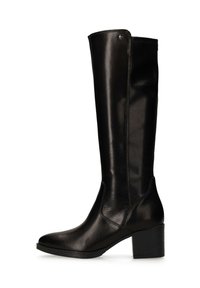 Black knee-high leather boots with a block heel and smooth texture. Features a slight curve at the top and minimal seam detailing.