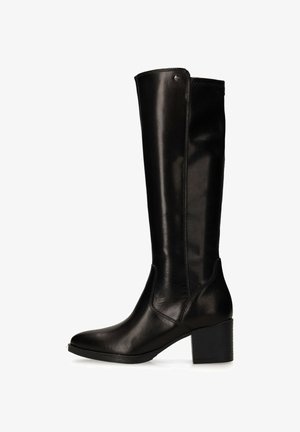 Black knee-high leather boots with a block heel and smooth texture. Features a slight curve at the top and minimal seam detailing.