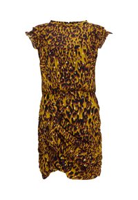 Kort leopardtrycksklänning med volangärmar och samlade detaljer i kjolen i gula, svarta och bruna nyanser.