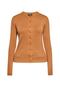 Kardigan in Rostfarbe aus weichem Material mit langen Ärmeln und runder Halslinie. Verfügt über eine Knopfleiste und ribbelige Säume sowie Bündchen.