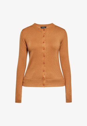 Hrubý cardigan v hnedej farbe vyrobený z mäkkého materiálu, má dlhé rukávy a okrúhly výstrih. Vybavený zapínaním na gombíky a rebrovaným lemom a manžetami.