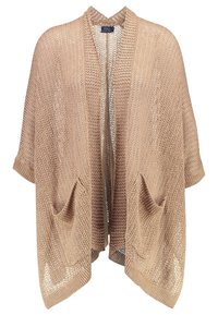 Trikåkimono i ljusbrunt, öppen frontdesign med korta ärmar och två framfickor. Texturerad tyg med en lös, flödande silhuett.