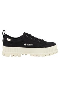 Black canvas sneaker with black laces, white rubber sole, textured accent, and logo on the side. Features a pull tab at the heel.