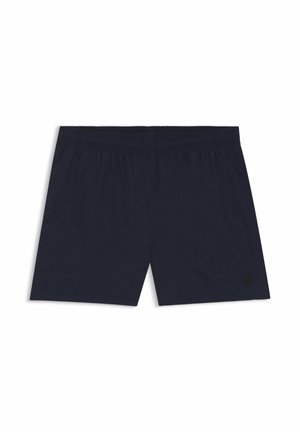 Marineblauwe shorts met elastische taille en een klein rond logo op het onderste linker been, afgebeeld tegen een witte achtergrond.
