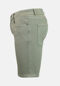 Bermudas de mezclilla verde caqui con un diseño ajustado. Presenta bolsillos laterales y traseros, pasadores para cinturón y un delicado detalle de costura.