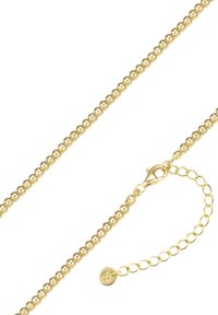 Zelta bumbu ķēdes kaklarota ar apaļām pērlēm, regulējamu aizdari un nelielu kulonu detaļu. Gluda tekstūra ar spīguļojošu apdari.