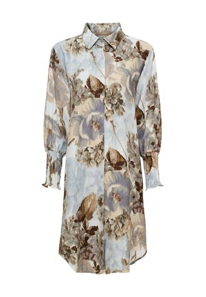 Langærmet kjole med knapper og krave, med blomsterprint i lyseblå og beige samt elastiske manchetter på ærmerne.