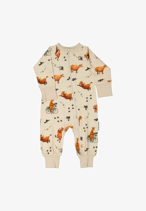 Vauvan kermavärinen potkupuku, jossa on värikkäitä lehmä- ja eläinkuvia. Täydellinen pituus, edessä vetoketju ja ribattu nauha hihansuissa.