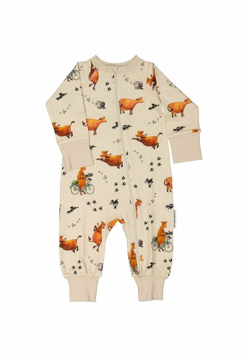 Krämfärgad babybody med färgglada tryck av kor och djur, helängd med dragkedja fram och ribbade ärmslut.
