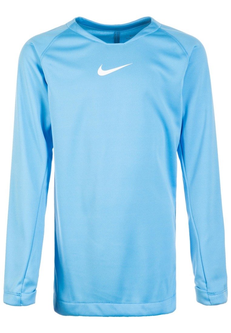 Lichtblauw sportshirt met lange mouwen van textuurstof, met een ronde halslijn en een wit Nike-logo op de borst.