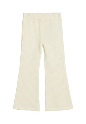 Pantalons en tricot côtelé crème avec taille élastique et jambes évasées larges, posés à plat sur un fond blanc.