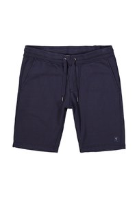 Marineblauwe shorts gemaakt van een katoenmix. Beschikt over een elastische tailleband met trekkoord en twee zijzakken. Eenvoudig ontwerp, zonder patronen.