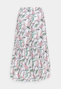 Spódnica w formie falban z białym tłem w różowy i zielony wzór z papugą i liśćmi. Elastyczny pas i lekka, delikatna tkanina.