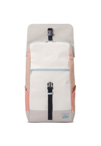 Krém, rózsaszín és szürke hátizsák, fedélzárással, elülső cipzáras zsebbel, oldalsó zsebekkel és textil logóval. Tartós anyag.