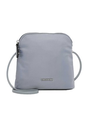 Small light gray crossbody bag with zipper closure, thin adjustable strap, and "EMILY & NOAH" logo on front center.