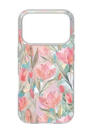 Klare Handyhülle mit pinkem und rotem Tulpen-Blumenmuster und grünen Blättern vor einem pastellfarbenen Aquarell-Hintergrund.