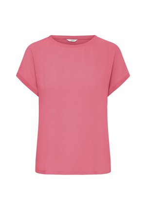 Roze T-shirt met korte mouwen en een ronde hals, gemaakt van een gladde stof. Heeft een relaxte pasvorm en een rechte zoom zonder versieringen.