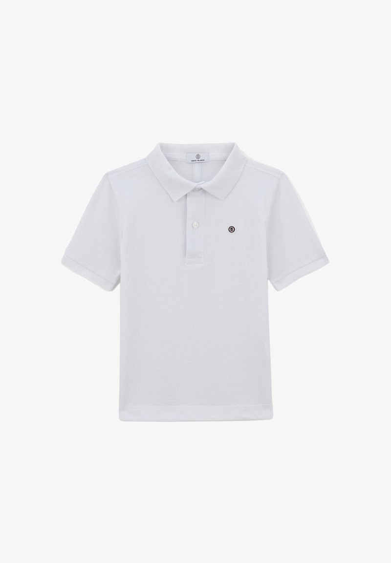 Polo blanc en coton mélangé avec un col classique, des manches courtes, une patte de boutonnage à l'avant et un petit logo brodé sur la poitrine.