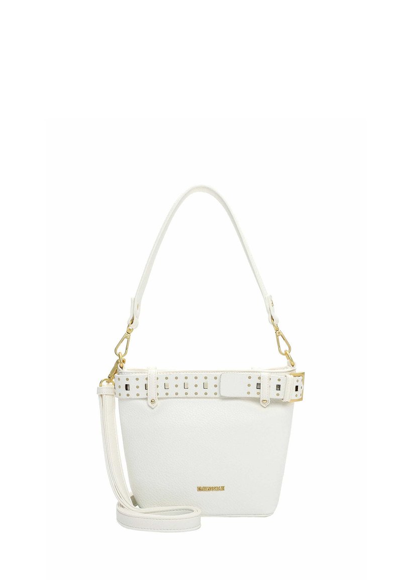 Valge sünteetiline käekott tekstuurse pinnaga, kuldsed metallist detailid, lühike sang ja eemaldatav pikk rihm, millel on perforatsiooniga vöödetail.