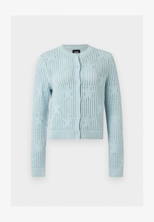 Světlomodrý dlouhý rukáv pletený cardigan s hvězdnými vzory a zapínáním na knoflíky vpředu, žebrované manžety, spodní lem a kulatý výstřih.
