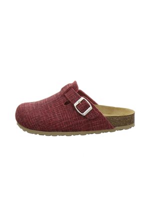 Red textured slip-on clog with adjustable silver buckle strap and contoured cork footbed on light brown sole.