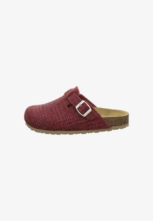 Roter strukturierter Slip-On Clog mit verstellbarem silbernem Schnallenriemen und geformtem Korkfußbett auf hellbrauner Sohle.