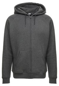 Sudadera gris con cremallera, fabricada en un tejido suave y texturizado, que incluye una capucha, bolsillos tipo canguro y puños y dobladillo de canalé.