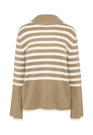 Bež i bijeli prugasti pulover s visokim ovratnikom, dugim rukavima i opuštenim fitom. Pletena tekstura s ravnomjernim horizontalnim prugama.