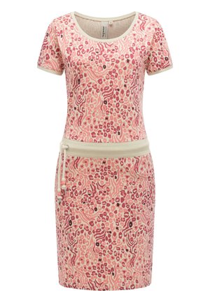 Kortærmet pink kjole med abstrakt dyreprint, beige rund halsudskæring og taljebælte med dekorativ bindebånd og perler.