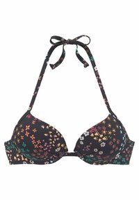 Zwart bloemdecor bikini top met verstelbare straps met een strik, gevoerde cups en een kleurrijk bloemmotief in roze, groen en wit.