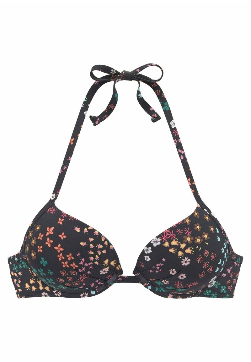 Zwart bloemdecor bikini top met verstelbare straps met een strik, gevoerde cups en een kleurrijk bloemmotief in roze, groen en wit.
