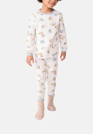 Hvid pyjamas sæt med farverige mad-tema mønstre, lange ærmer og ribbede manchetter. Blødt stof og tætsiddende design for komfort.