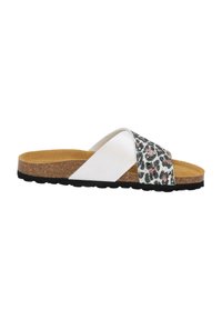 Sandalia deslizante con plantillas de corcho, una tira de cuero blanco y un acento de estampado de leopardo, con una suela de goma negra para mayor tracción.